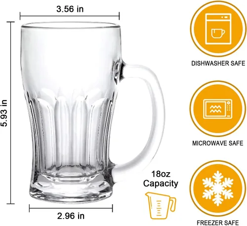 Vista 2 de QAPPDA Juego de tazas de cerveza, tazas de vidrio con asa de 18 onzas, vasos de cerveza grandes para congelador, vasos de cerveza de 17.6 fl oz