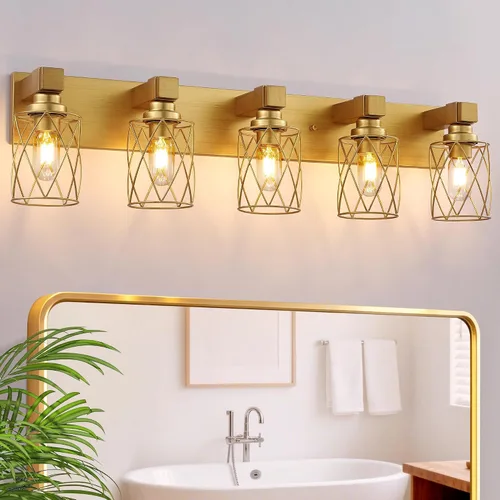 Vista 12 de Farmhouse 3-Light Wood Bathroom Vanity Light, White Metal Cage Shade