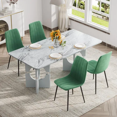 Vista 3 de Moderno juego de mesa rectangular para 4, mesa grande de mármol sintético gris de 71 pulgadas con base de metal con marco hueco, y 4 sillas
