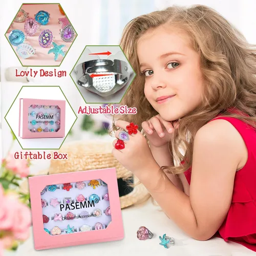 Vista 3 de PASEMM 24 anillos de joyería para niña, ajustables, sin duplicación, anillos de juego para niños en caja, anillos de juego de simulación y disfraces