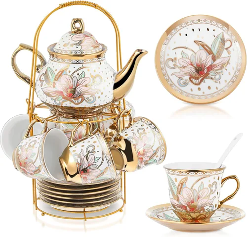 Vista 19 de Zhehao Juego de té de porcelana de 20 piezas con soporte de metal y cuchara para adultos, juego de té de cerámica para adultos, pintura de flores