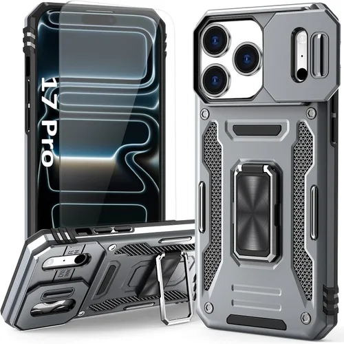 Vista 8 de Funda compatible con iPhone17 Pro con soporte, cubierta de cámara y protector de pantalla HD, doble capa a prueba de golpes, protección contra