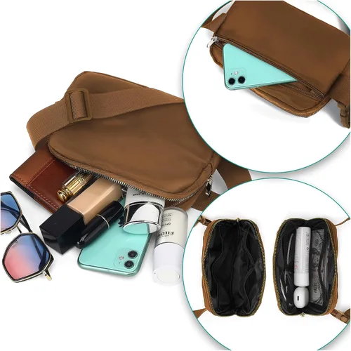 Vista 6 de Riñoneras cruzadas impermeables para niños y mujeres, bolsos de cinturón de moda con correas ajustables, Marrón, Talla única