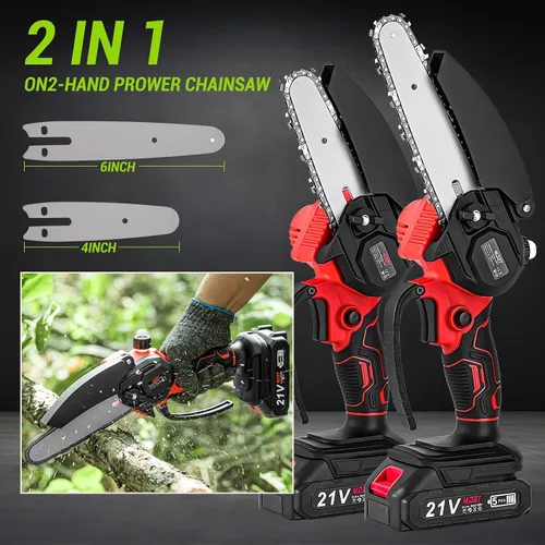 Vista 4 de Mini motosierra inalámbrica de 6 pulgadas con 2 baterías, motosierra eléctrica de mano para un corte eficiente, ligera y fácil de usar (rojo + negro)