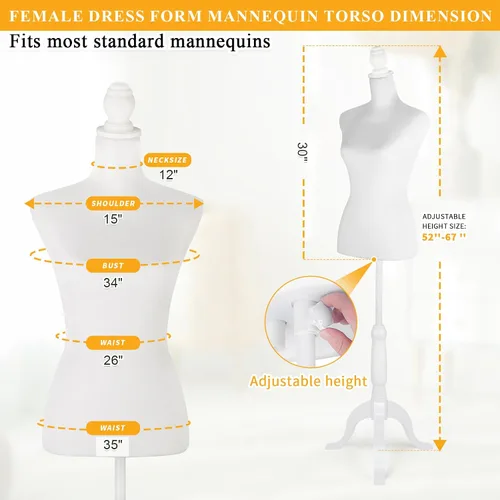Vista 3 de HOMBOUR maniquí femenino con forma de torso y cuerpo para vestido con soporte de trípode ajustable, maniquí para coser con forma de torso y vestido