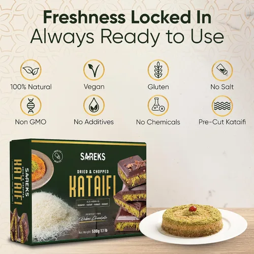 Vista 12 de Kataifi Masa de fillo rallada 500 g (17.6 oz) - Seca picada, sin sal, a base de plantas Para barra de chocolate con pistacho Dubai, Kunafa