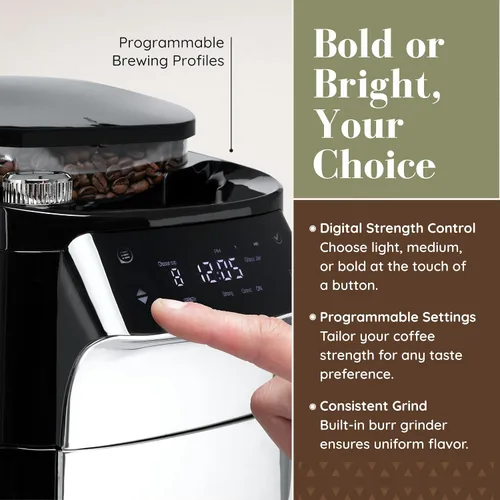 Vista 4 de Cafetera digital de goteo de 12 tazas con molinillo de rebabas integrado, máquina de café programable, filtro reutilizable y tanque de agua