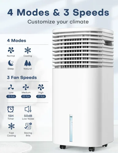 Vista 4 de Aire acondicionado portátil 4 en 1, enfriador de aire evaporativo con 4 modos y 3 velocidades, temporizador de 15 horas para apagado automático