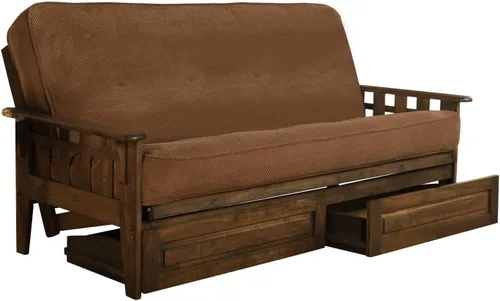 Vista 19 de FutonX - Juego de marco y colchón de nogal rústico con opción para añadir cajones, sofá cama futón de 8 pulgadas con resortes interiores de madera