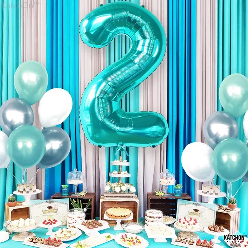 Vista 7 de Globos de construcción enormes de 40 pulgadas para decoraciones de segundo cumpleaños, globos azules Tiffany con el número 2 con globos de camión