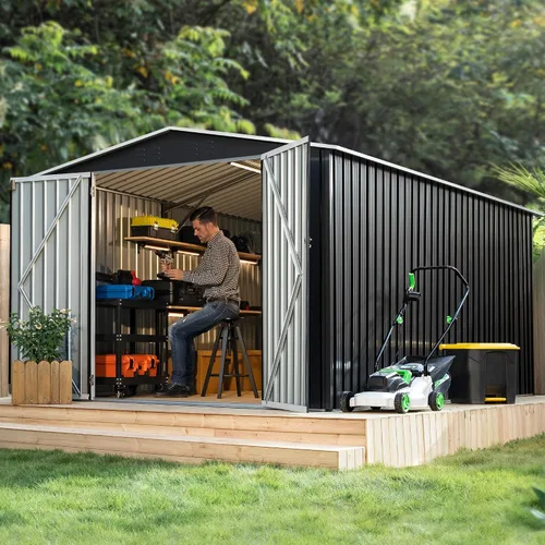 Vista 6 de Polar Aurora Cobertizo de almacenamiento al aire libre de 8 x 12 pies, cobertizo de jardín de metal con estructura de marco actualizada, cobertizos
