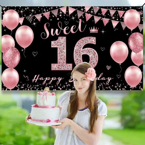 Vista 3 de Vicycaty Decoraciones de cumpleaños de 16 años – Cartel de fondo, decoración de fiesta de feliz 16 para niñas, cartel de 16 yardas de oro rosa