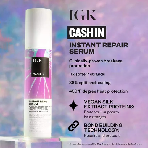 Vista 4 de IGK Cashin - Suero de reparación instantánea Ayuda a reparar daños, protege contra roturas y calor Sella las puntas abiertas para un acabado más