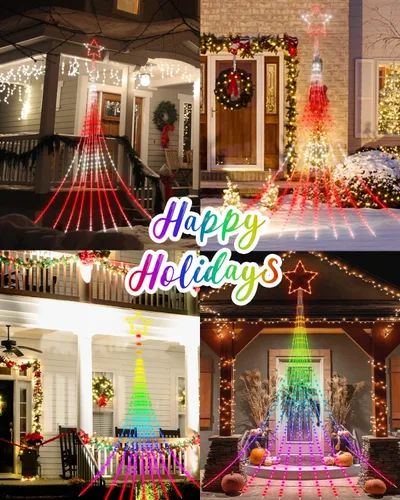 Vista 5 de Luces de decoración navideña para exteriores con estrella, pantalla inteligente de bricolaje personalizada de 100 modos, 3.6 m, cascada de árbol
