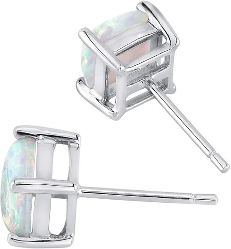 Vista 3 de Peora Aretes de ópalo de fuego blanco creado para mujer en oro blanco de 14 quilates, solitario clásico, corte cojín de 0.23 pulgadas, 1 quilate