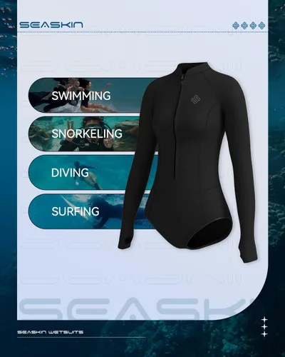Vista 5 de Seaskin Traje de neopreno para mujer de 2 mm, de una pieza, mangas largas, traje corto de buceo