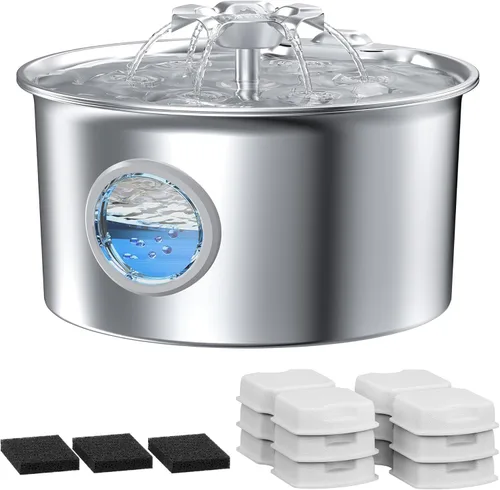 Vista 11 de Fuente de agua para gatos de acero inoxidable: fuente para mascotas ultra silenciosa de 88 oz/2.6 L con pico de gatito con flores y dispensador