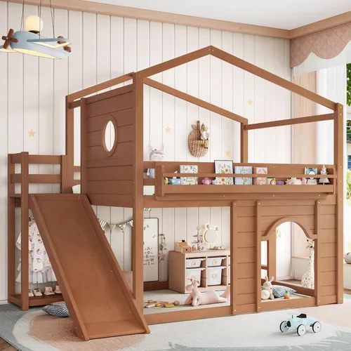 Vista 12 de Harper & Bright Designs Cama tipo loft para niños, tamaño individual, con armario y puerta arqueada, litera de casa con tobogán y estanterías