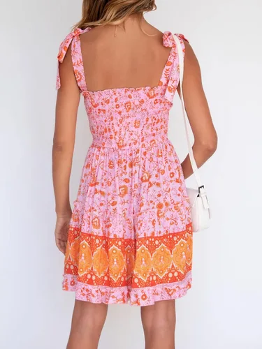 Vista 3 de ZESICA Vestido corto de playa con estampado floral bohemio de verano 2023 para mujer con tirantes delgados cuello cuadrado volantes acampanado