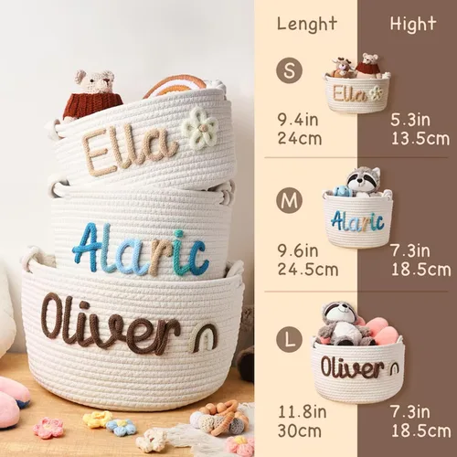 Vista 5 de Cesta de bebé personalizada con nombre, cesta de regalo de algodón de cuerda personalizada, canasta de juguetes, canasta tejida con monograma