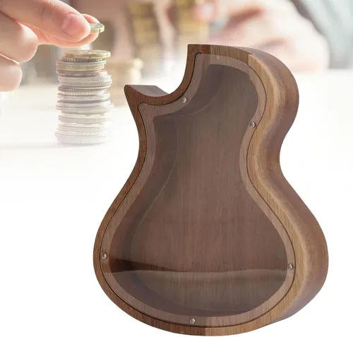 Vista 6 de Alcancía con forma de guitarra, madera maciza para decoración del hogar, vista clara, ideal para guardar regalos para el hogar
