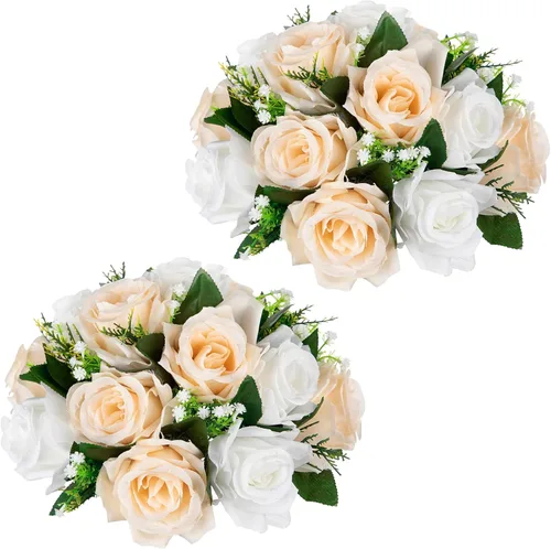 Vista 12 de Briful Bolas de flores artificiales para centros de mesa, 2 piezas de 8.6 pulgadas, arreglo floral de rosas de seda con base de plástico, ramo Azul