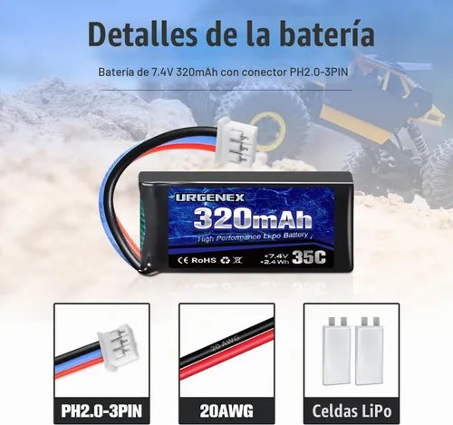 Vista 3 de 7.4V Lipo Batería 2S 35C 320mAh Batería Lipo Recargable con PH2.0 3PIN Plug Compatible con UMX 2S Avión