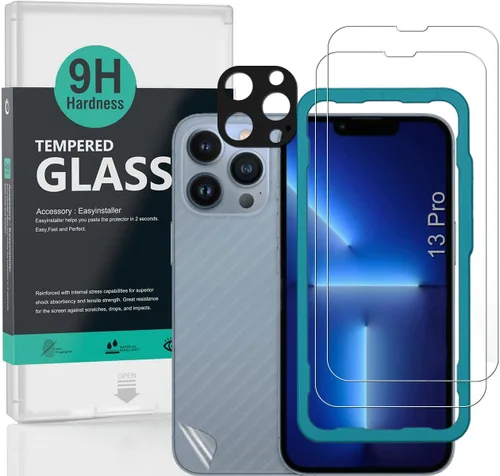 Vista 7 de Ibywind Protector de pantalla para iPhone 13, 2 unidades, vidrio templado de dureza 9H y protector de lente de cámara, con marco de alineación