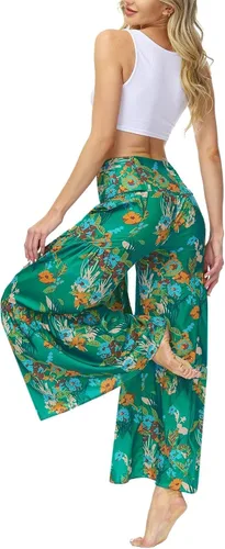 Vista 4 de ALBIZIA Pantalones de cintura alta y pierna ancha para mujer, estilo casual, bohemio, floral, pantalones de playa bohemios con cinturón