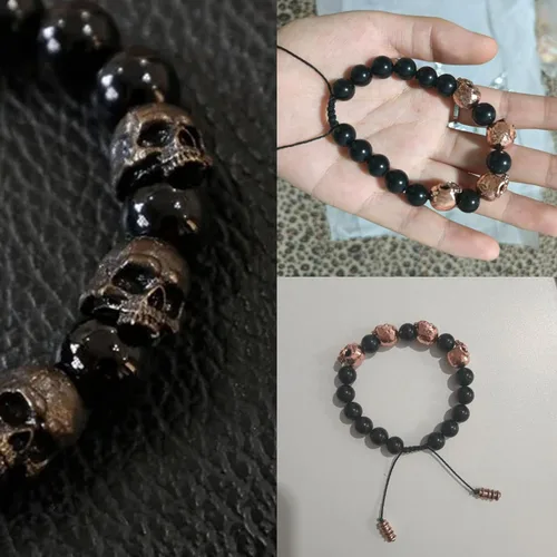 Vista 3 de Pulsera de cuentas de ónix del ejército de calavera, pulseras de ansiedad para hombre, pulsera ajustable de ónix de calavera para aliviar el estrés