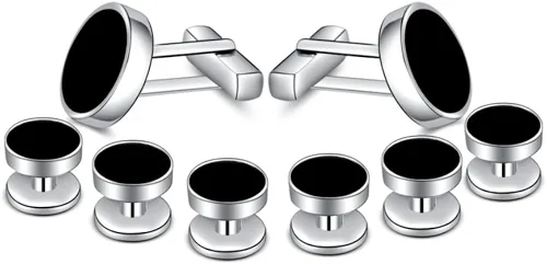 Vista 3 de MERIT OCEAN Juego de gemelos de ónix para hombre y tachuelas de plata y negro para hombres de esmoquin camisas de negocios regalo de boda