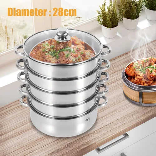 Vista 5 de Cocina de vapor de acero inoxidable de 5 capas, vaporizador de 11 pulgadas para cocinar alimentos, tapa de vidrio, adecuada para tamales, verduras