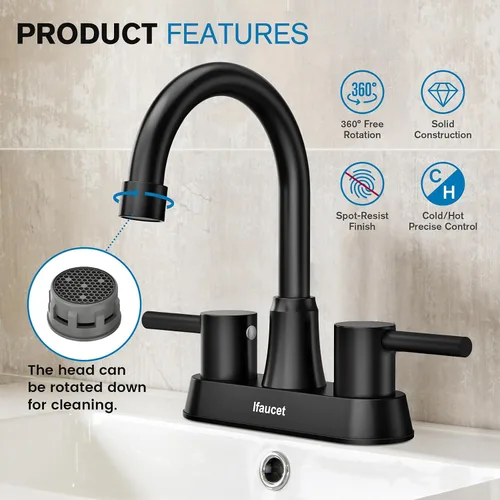 Vista 3 de Grifo de baño negro de 3 agujeros, grifos de baño para fregadero de 3 agujeros, grifo de lavabo de baño, juego central de 4 pulgadas y 2 asas, sin