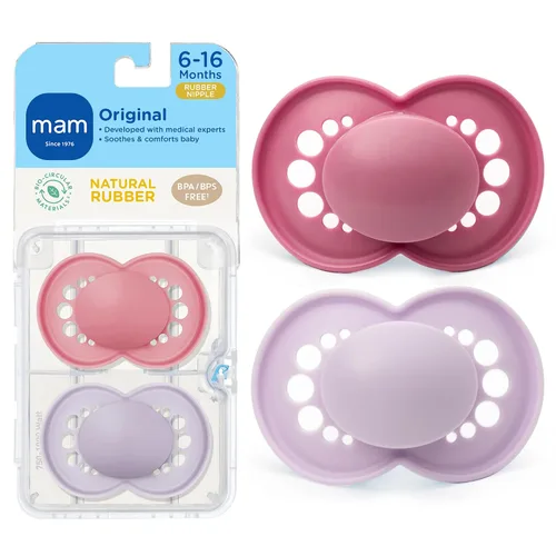 Vista 10 de MAM Chupete mate original para bebé, 0-6 meses, pezón de látex natural Rosa rosa/iris morado