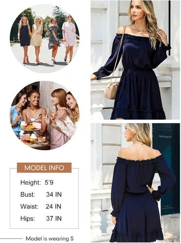 Vista 5 de Dokotoo Vestido de primavera 2024 con volantes y hombros descubiertos para mujer, manga larga, cintura elástica, acampanado, casual, mini vestidos