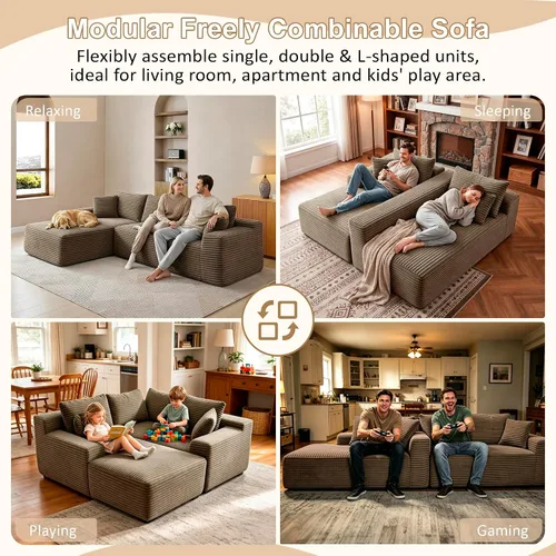 Vista 3 de Sofá modular en forma de L de 108 pulgadas, sofá modular sin hueso para sala de estar, cómodo sofá esponjoso de pana con asiento profundo Camel