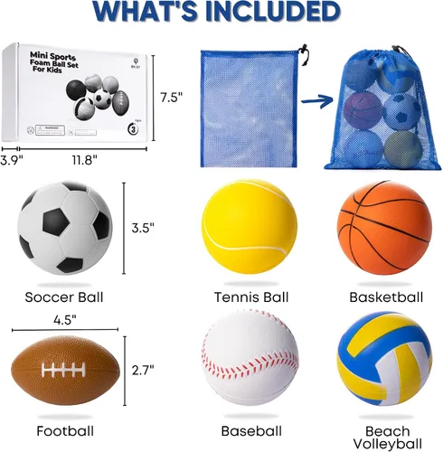 Vista 6 de Juego de 6 mini bolas deportivas de espuma para niños, juguetes de pelota para niños pequeños, fútbol de espuma, fútbol para bebés, mini baloncesto