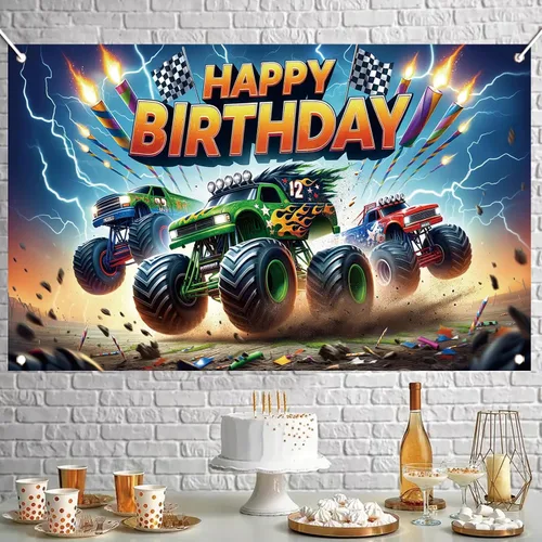 Vista 6 de Fondo de cumpleaños de Monster Truck, 70.8 x 43.3 pulgadas, poliéster, multicolor, cumpleaños, incluye telón de fondo con temática de camión