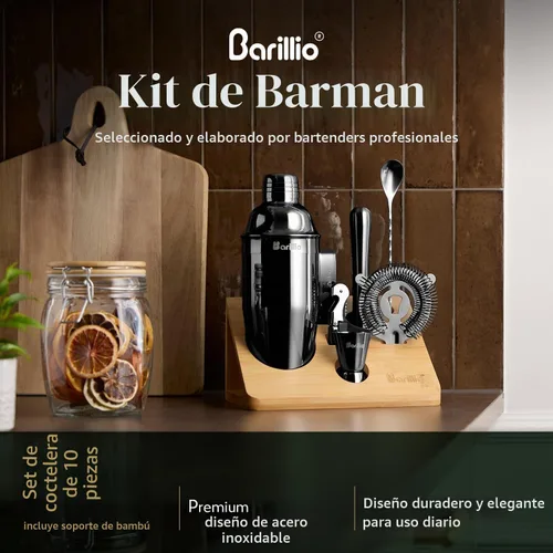 Vista 3 de Barillio Black Bartender Kit – Juego de coctelera de acero inoxidable con soporte de bambú – Herramientas de barra de mixología con coctelera
