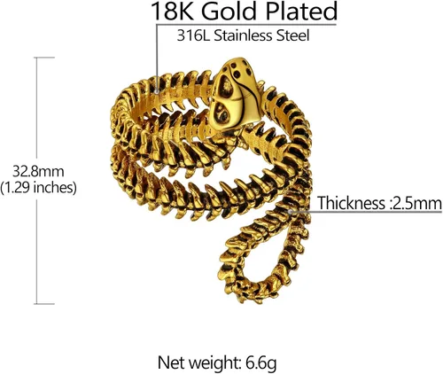 Vista 5 de Anillos de motociclista de acero inoxidable, chapado en oro, vértebras de serpiente negra con lazo para hombres y mujeres, joyería gótica punk