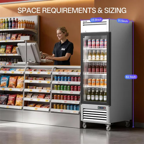 Vista 6 de Coolski Refrigerador comercial de puerta de vidrio de 1 puerta, comercializador de pantalla de acero inoxidable con luz LED para uso comercial