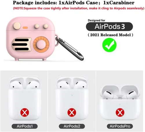 Vista 6 de KAIJIA - Bonita funda para Apple AirPods 3ª generación 2021 con llavero, divertido diseño de radio retro de dibujos animados en 3D, funda protectora