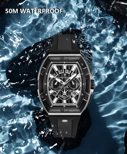 Vista 7 de Paras - Reloj de pulsera para hombre Tonneau impermeable para hombre, cronógrafo de lujo, analógico, con correa de silicona y fecha, Plata, oro