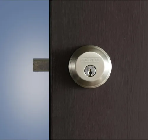Vista 5 de Schlage Single Cylinder Front Door Deadbolt, Aged Bronze Cerrojo de un solo cilindro con llave exterior y giro en el interior, ajuste universal