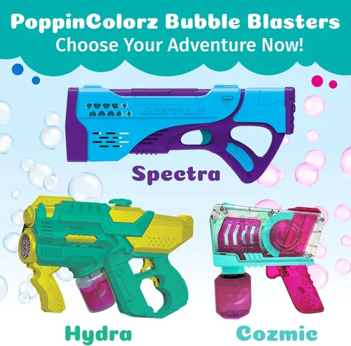 Vista 7 de PoppinColorz Cozmic - Pistola de burbujas de color con 1 rosa, 1 azul y 2 soluciones de burbujas transparentes, fabricado en los Estados Unidos,