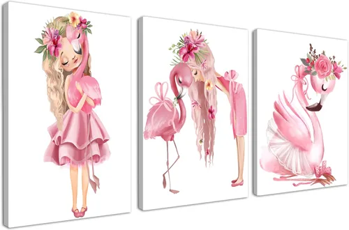 Vista 9 de Lienzo decorativo para pared de niña flamenco, cuadro rosa acuarela princesa floral decoración de animales para baby shower, baño, cuarto de bebé