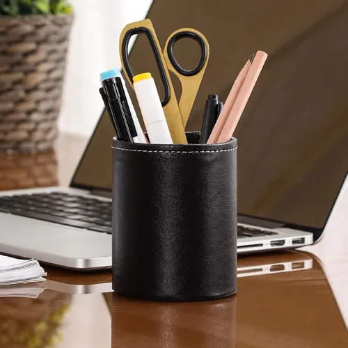 Vista 2 de Soporte para bolígrafo para escritorio, soportes de lápiz de cuero PU para cosméticos suministros de oficina, organizador de escritorio negro PH107