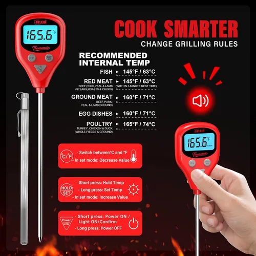 Vista 8 de AWLKIM Termómetro digital recargable para carne con sonda externa de 1m, alerta de advertencia, termómetro de alimentos de lectura instantánea