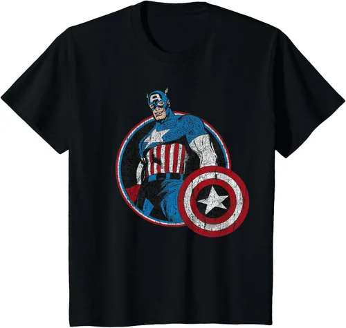 Vista 40 de Marvel Avengers Vintage Capitán América Comic Hero Retrato Camiseta Pequeña Negro
