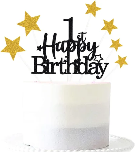 Vista 19 de Decoración brillante para tarta de primer cumpleaños feliz con estrella, adornos personalizados para tarta de 1 cumpleaños, decoraciones de fiesta